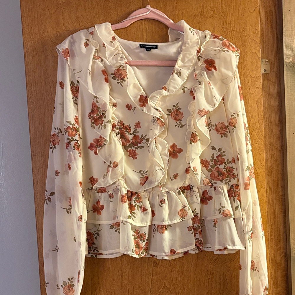 Floral Ruffle Blouse - White and Red